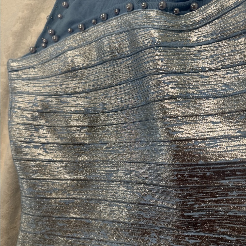 VENUS metallic Silver and blue bodycon Mini Dress mesh pearl embellishment - Picture 11 of 11